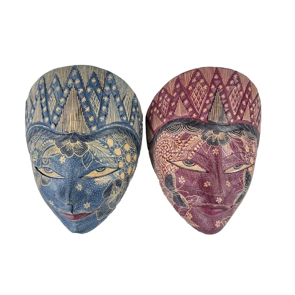 2‎ Pcs Hand Carved Wood Face BATIK MASK Java Art Wall Decoration Ornament Signed